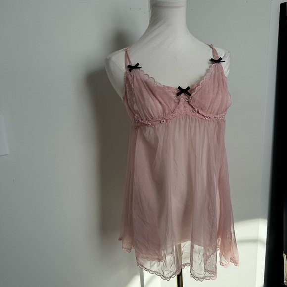 La vie en rose Pink Lace Trim Babydoll with black bows coquette cottage fairy L - Picture 5 of 8